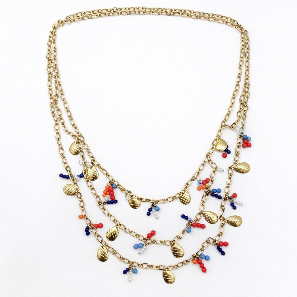 Colorful Gold Chain Charming Necklace Beads Triple Strand Women's Fashion